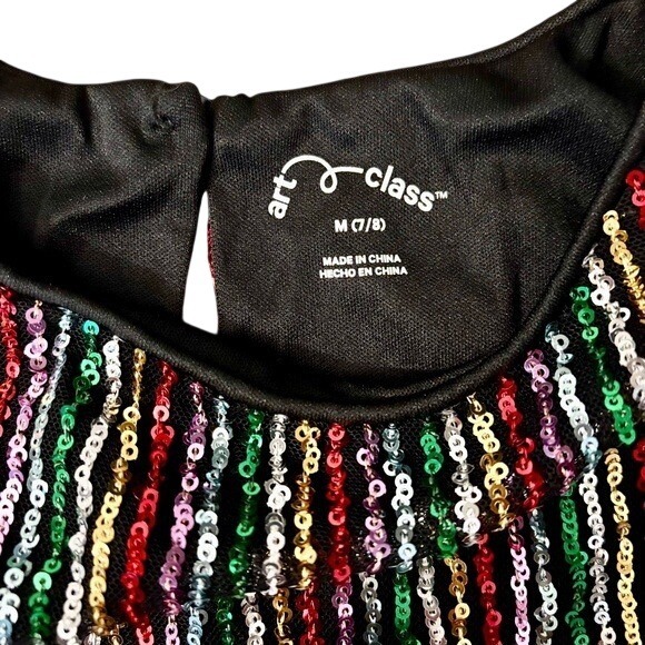 Art Class Girls Multi Color Sequin Party Dress Sparkle Short Sleeve Stripes - Picture 3 of 5
